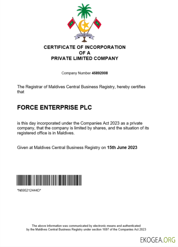 Modèle Word et PDF de certificat d'enregistrement d'entreprise aux Maldives